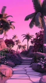 Magenta Dreamscape: Palm-Lined Pathway Through Neon Paradise