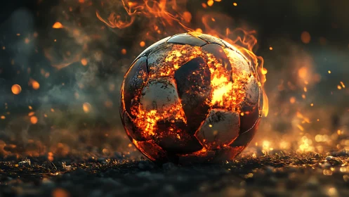 Blazing soccer ball erupts in flames on smoldering ground.