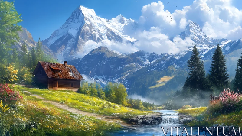 Mountain valley landscape with cabin, stream, and cattle.
