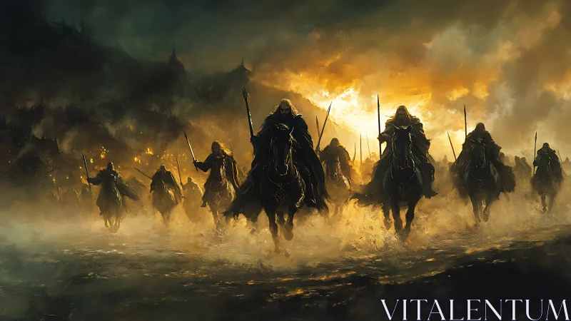 Armored cavalry charge through incendiary fog of war at dawn.