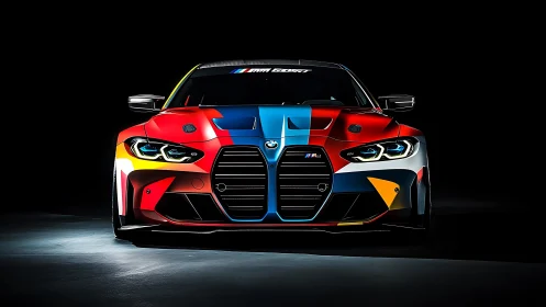 Bold rainbow race car glowing against deep black backdrop.