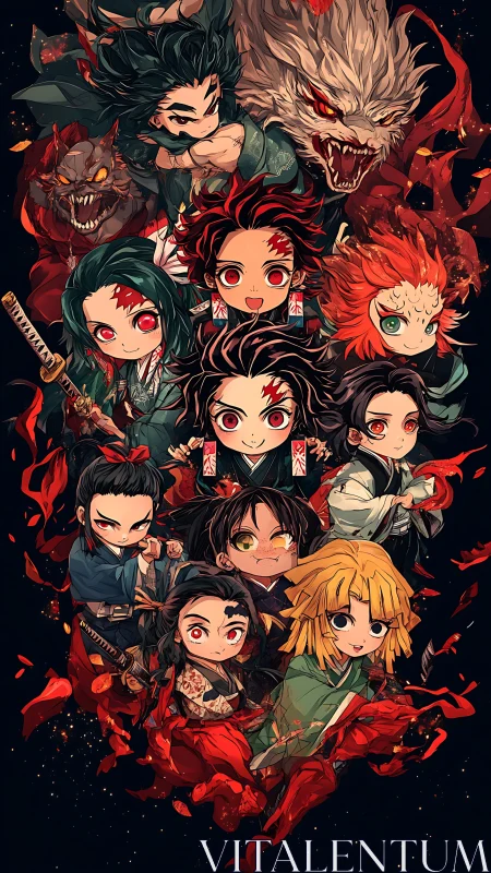 Fierce chibi heroes stand united against roaring demon beasts