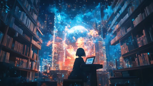Solitary reader unlocks a luminous cyber city beyond bookshelves