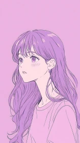 Monochrome lilac anime profile portrait with flowing hair