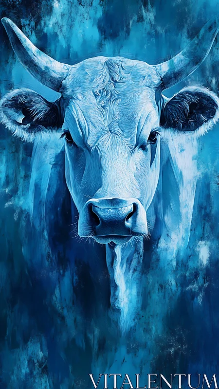Iceborn bovine gaze in swirling electric sapphire storm.