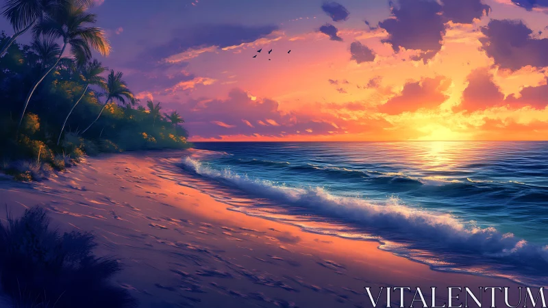 Sunset surf paints tropical sands with glowing whispers