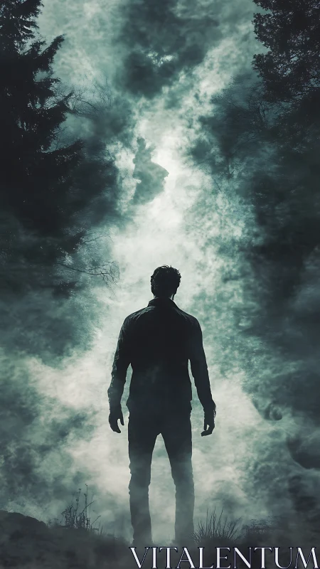 Backlit human silhouette in atmospheric forest fog field.