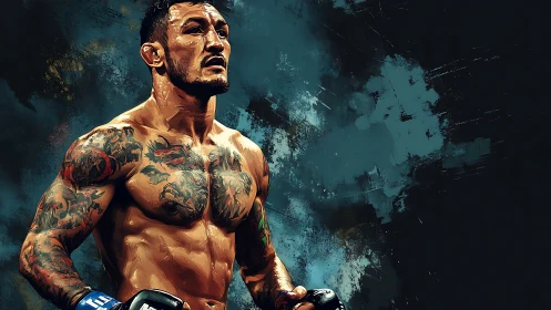 Tattooed Athlete Portrait Against Textured Teal Backdrop.