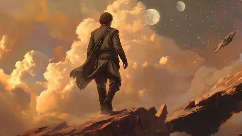 Solitary figure surveys stratified clouds and distant moons