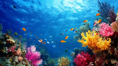 Photorealistic coral reef panorama with dynamic color fields.