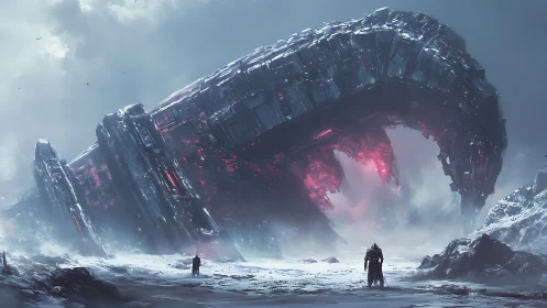 Concept art of crashed alien megastructure in frozen tundra.