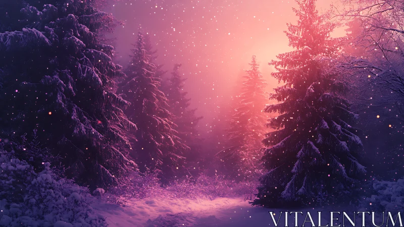 Winter forest glows under rose mist and drifting snowfall.