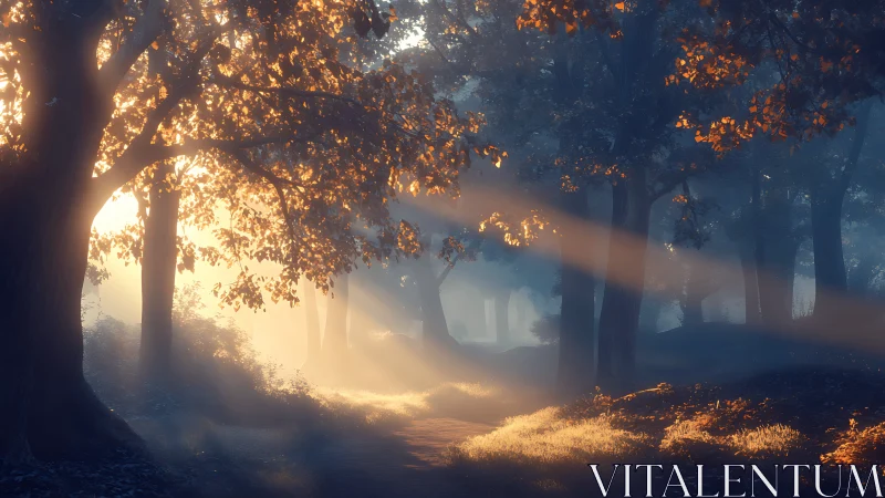 Golden Light Through Misty Forest Dawn.
