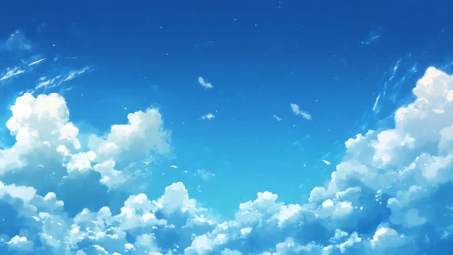 Digital painting of luminous cumulus clouds in open sky panorama.