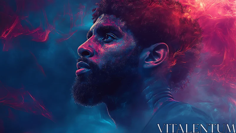 Profile portrait in blue and magenta vaporous lighting.