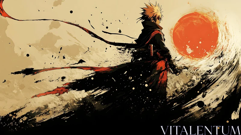 Storm-brushed ronin studies a painted sun of burning ink