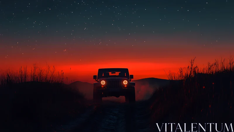 Off-road SUV silhouette under vivid red twilight sky.