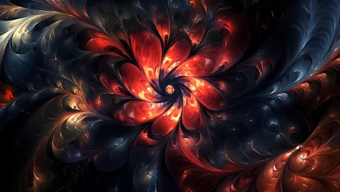 Radiant spiral petals bloom in swirling cosmic twilight light