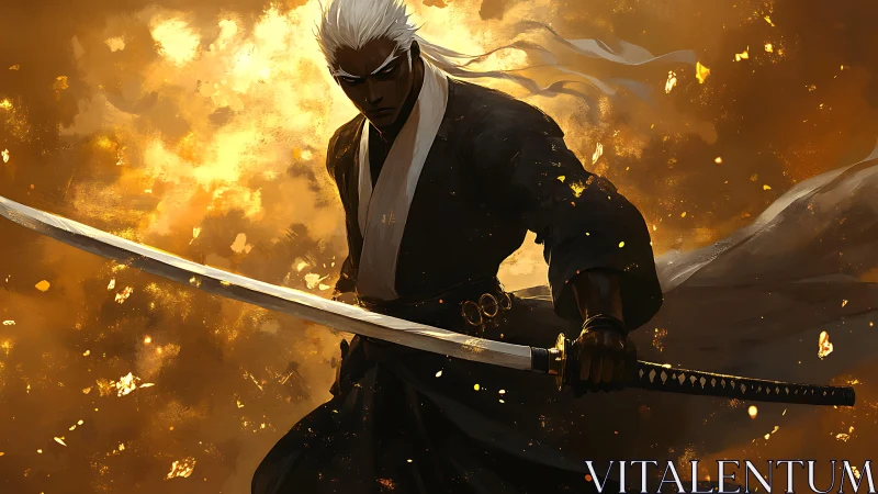 Stormlit swordsman holds his blade steady in golden fire