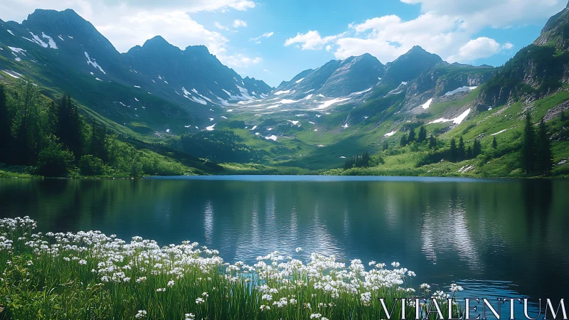 Gentle alpine lake cradled by bright green summer peaks.