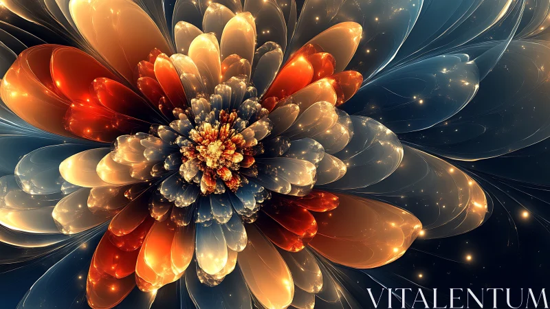 Radiant fractal flower renders layered translucent petals in 3D