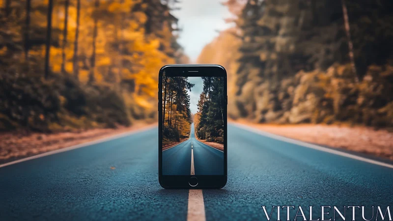 Smartphone displaying forest road scene on asphalt pavement