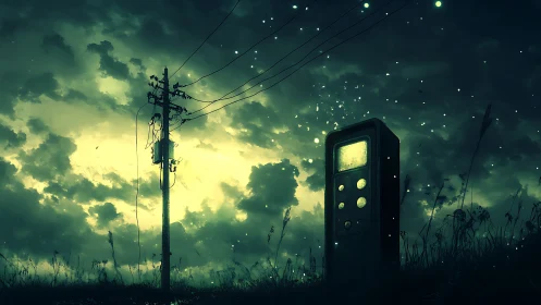 Glowing roadside terminal under stormy, firefly-filled sky.