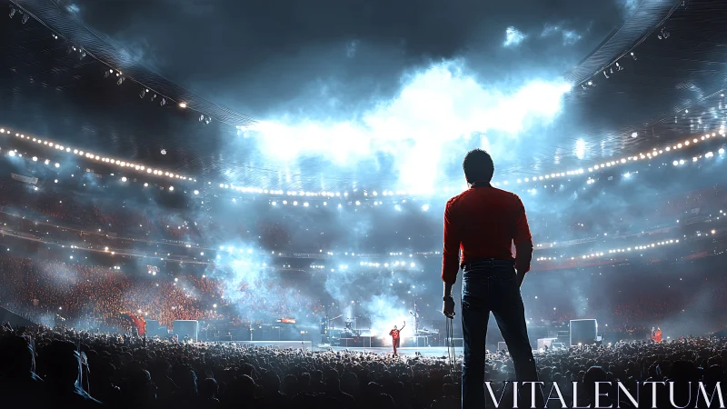 Spectator in Red Jacket Viewing Massive Concert Arena with Crowd