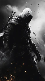 Hooded shadow assassin emerges through burning storm.