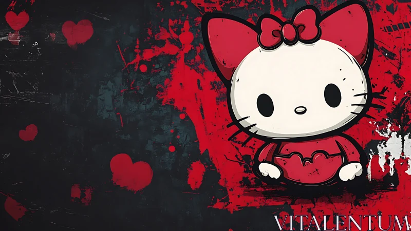 Kawaii feline icon in gritty red-black grunge compositing.