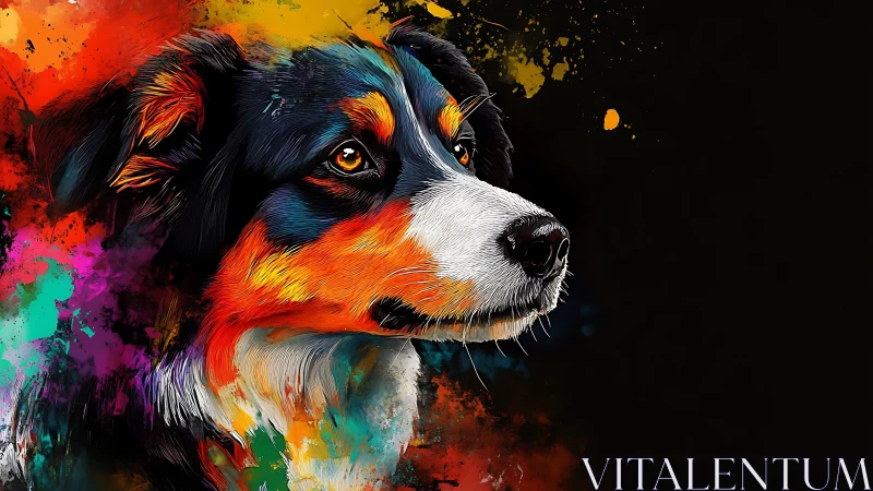 Aurora-coated dog gazes through a storm of neon splashes.