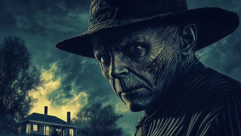 Wrinkled scarecrow figure glares beside stormlit farmhouse.