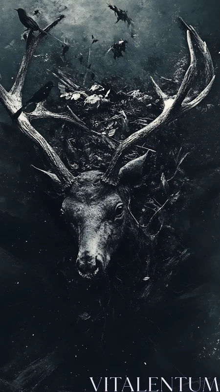 Nocturnal stag emergence with corvids in monochrome dispersion.