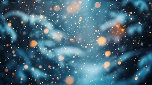 Snowy twilight sparkles with soft golden winter lights.