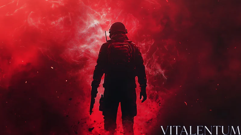Tactical operator silhouette in red nebular combat haze.