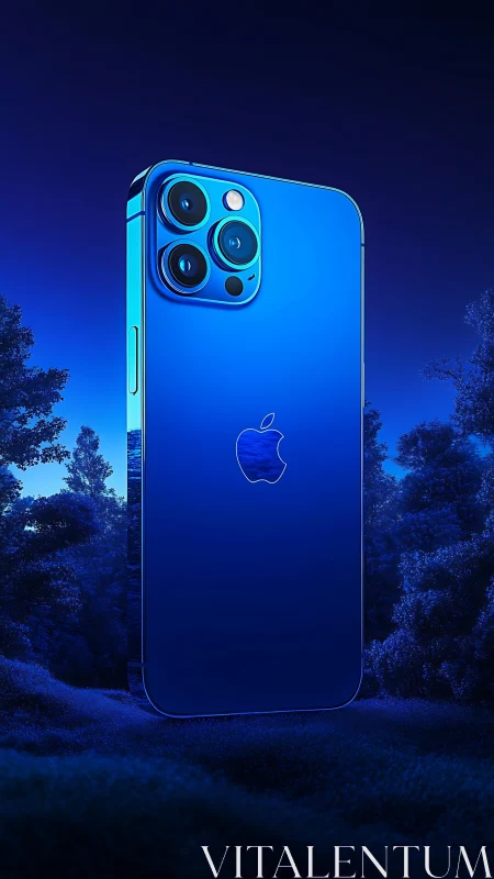 Blue smartphone with triple camera system displayed in forest setting