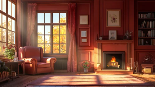 Sunlit armchair quietly eavesdrops on the glowing hearth