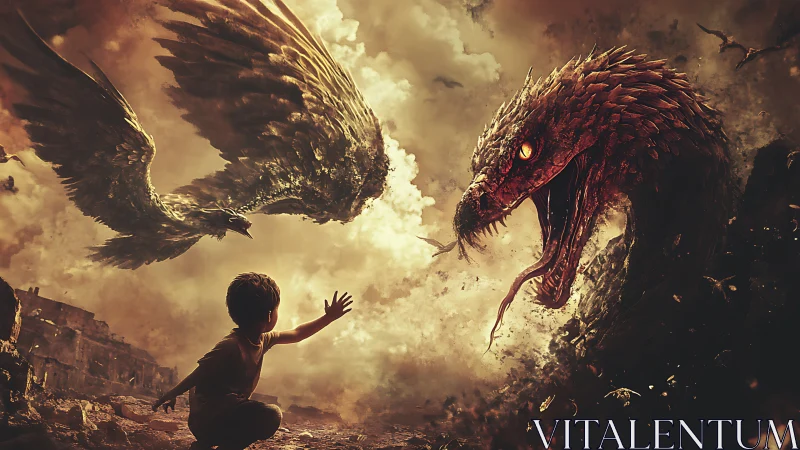 Child facing dragon and winged creature in ruined landscape.