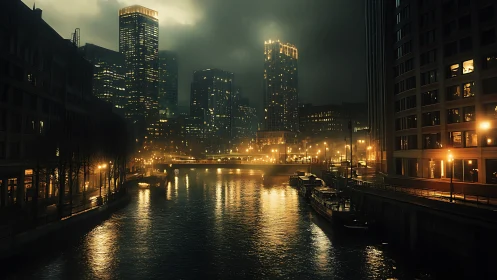 Rain-soaked riverside skyline under cinematic night lighting.