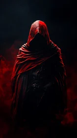 Hooded figure in red cloak amid dark background and smoke.