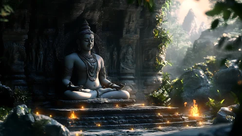 Serene stone Buddha meditates amid glowing jungle shrine.