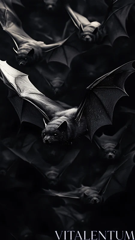 Close view of flying bats in dense dark night sky.