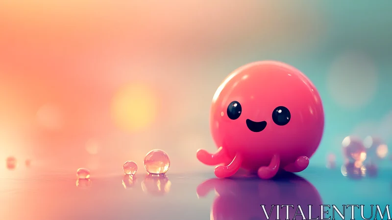 Playful glossy octopus character in pastel bokeh environment.