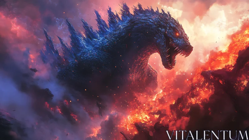 Colossal kaiju emerging through sulfurous inferno clouds.