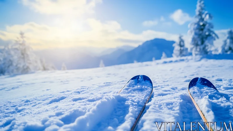 Low-angle alpine ski perspective with sunlit powder surface
