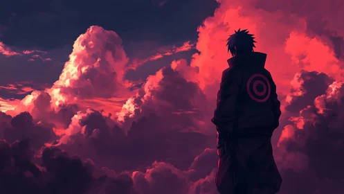 Crimson storm clouds crown a lone wanderer in silhouette