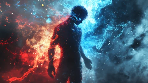 Elemental avatar in bifurcated fire and ice energy field.