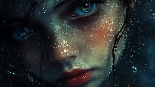 Rain-soaked gaze slices the dark with electric blue light