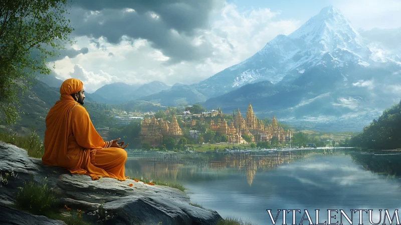Meditating monk gazes across serene Himalayan temple valley
