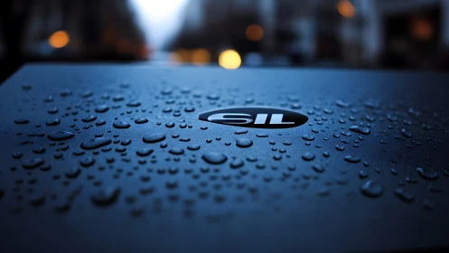 Water droplets rest on a SIL logo panel in shallow focus